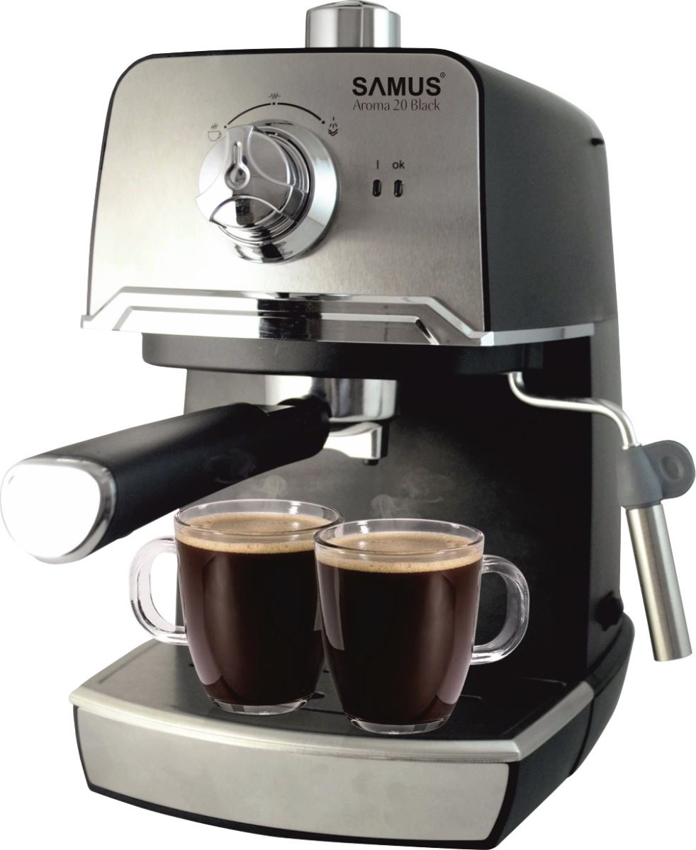 Espressor Samus Aroma 20 Black, Presiune 20 bari, 1.2 L, Duză abur pentru cappuccino, Filtru inox, Negru/Inox